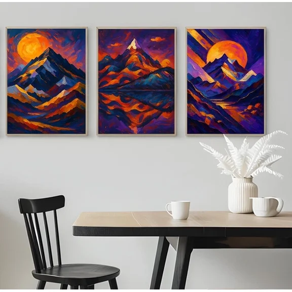 Set of 3 Impressionist Mountain Landscape Sunset Poster Home Pub Art A3 A4 A5, Poster Only