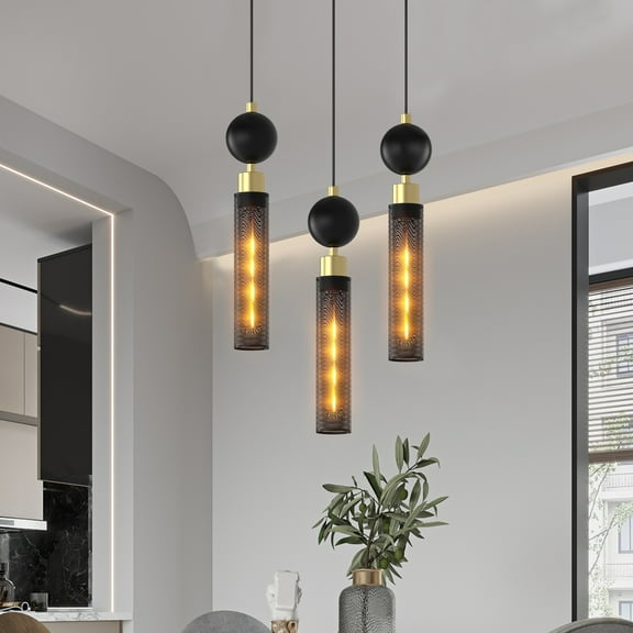 Set of 3 Industrial Pendant Lights with Metal Mesh Shades, Adjustable Height, Black and Copper