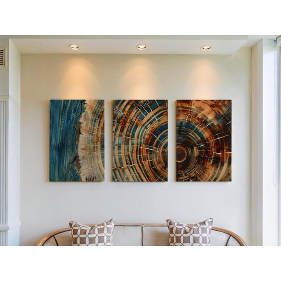 Set of 3 Industrial Style Wall Art, Rugged Wood Grain Triptych Prints, Dark Teal & Rust Decor, Nordic Tree Ring Gallery Set for Loft, Poster Only