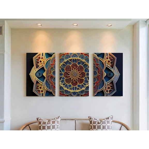 Set of 3 Intricate Geometric Wall Art, Elaborate Mandala Triptych Prints, Jewel Tone Floral Decor, Ornate Boho Gallery Set, Stretched Canvas