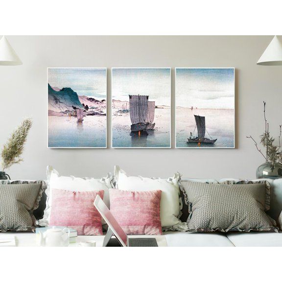 Set of 3 Japanese Coastal Wall Art, Traditional Sailing Ship Triptych, Serene Sea Landscape Decor, Asian Maritime Gallery Set for Home, Poster Only