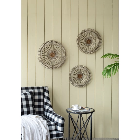 Set of 3 Jennings Metal Discs Wall Decor Brown Gray Iron Shield Like Shape Floral Medallion Center Mantel Desk Decor