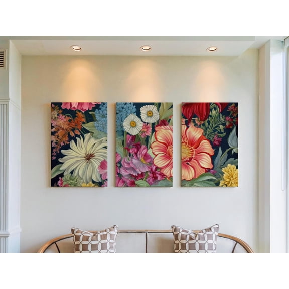 Set of 3 Jewel Tone Wall Art, Rich Floral Bouquet Triptych, Dark Botanical Decor, Vibrant Deep Color Gallery Set for Living Room, Stretched Canvas