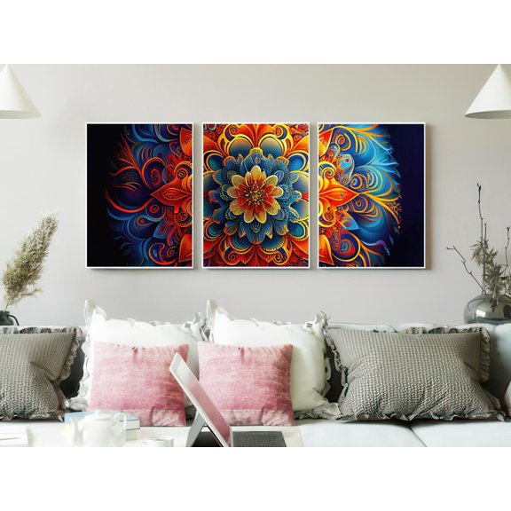 Set of 3 Kaleidoscopic Wall Art, Symmetrical Floral Mandala Triptych, Modern Boho Decor, Geometric Bloom Gallery Set, Stretched Canvas