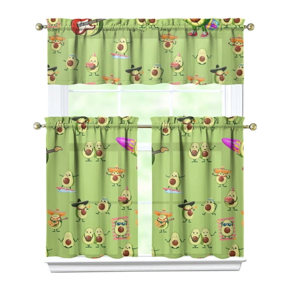 Set of 3 Kawaii Avocado Curtains - Cute Green Fruit Design Kitchen Window Treatments with Rod Pocket for Small Windows