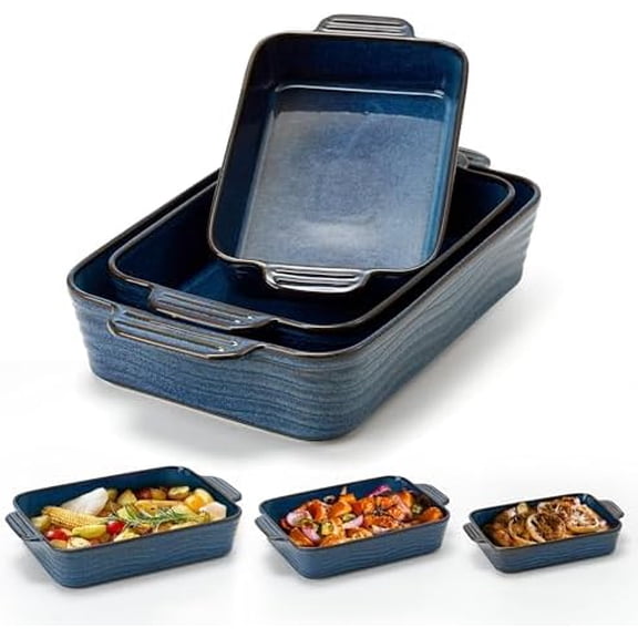 Set of 3 Kiln-Transformed Blue Ceramic Baking Dishes, Square Porcelain Bakeware with Handles for Lasagna Cooking, Ideal for Holidays & Housewarming