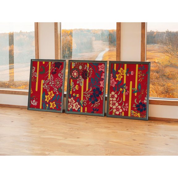 Set of 3 Kimono Pattern Wall Art, Traditional Textile Style Triptych, Vibrant Red Floral Decor, Asian Graphic Gallery Set, Poster Only