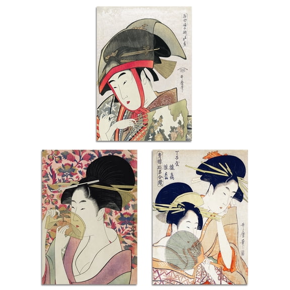 Set of 3 Kitagawa Women Japanese Ukiyo-e Pink Blue Wall Art Prints A4 Size Living Room Decor