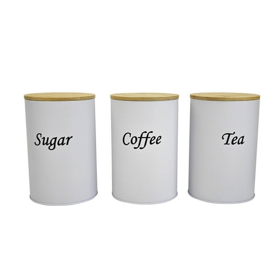 Set of 3 Kitchen Canisters Coffee Tea Sugar Storage Jars Metal Material Airtight Lid Name Marker Space Saving