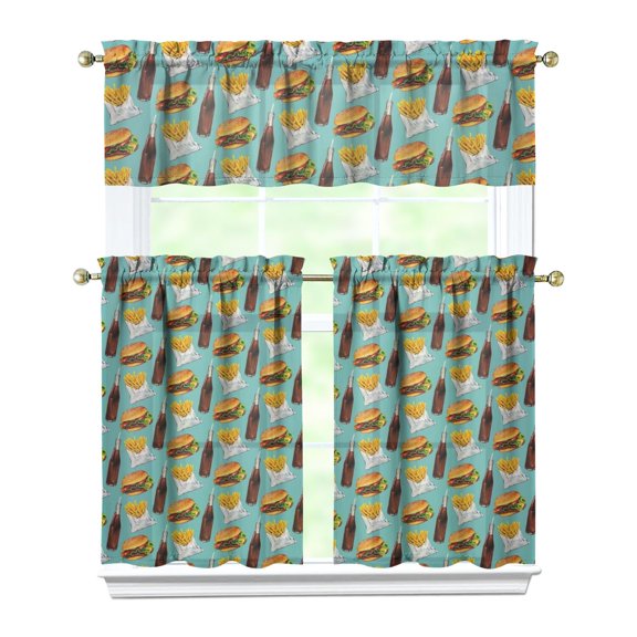 Set of 3 Kitchen Curtains - Burger & Fast Food Inspired Rod Pocket Window Panels, White Semi-Sheer for Breakfast Nook or Caf (Includes Valance)