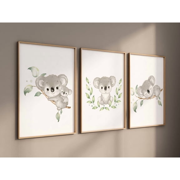 Set of 3 Koala Poster Wall Art Neutral Animal Prints for Baby Nursery and GenderNeutral Room Decor, Poster Only