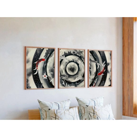 Set of 3 Koi Fish and Lotus Mandala Wall Art, Mountain Landscape Prints, Flowing Wave & Cloud Decor, Elegant Spiritual Home Gallery Set, Poster Only