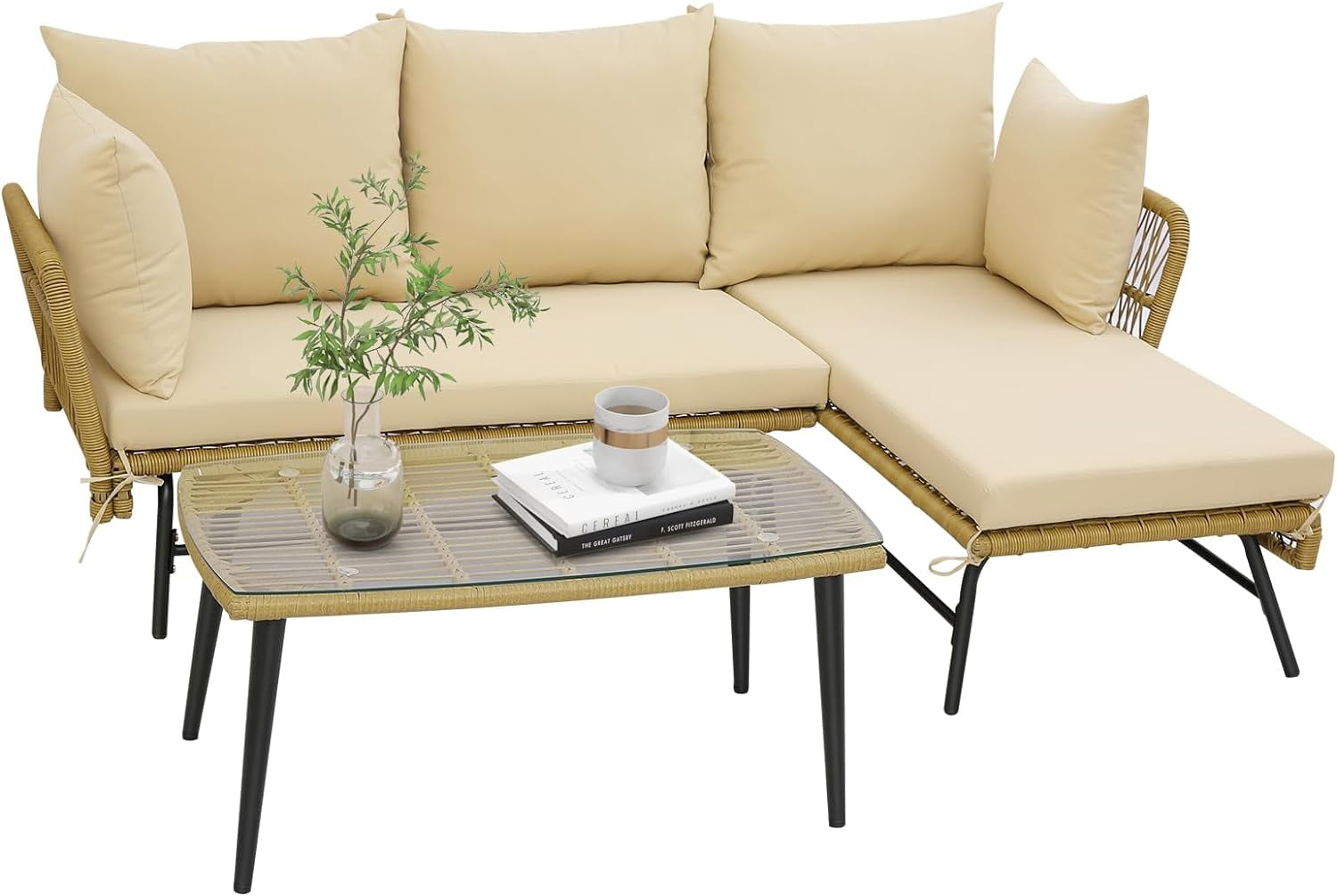 Set of 3 L-Shaped Patio PE Rattan Sofa Set Sectional Sofa Furniture Set with Cushions and Tempered Glass Table Beige