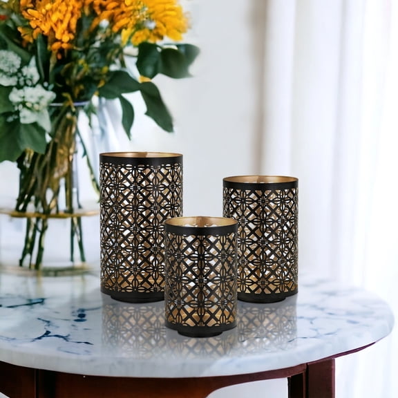 Set of 3 Lantern Candle Holders Christmas Gift Moroccan Lattice Gold Black Metal Frames