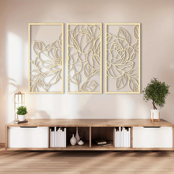 Set of 3 Large Golden Lotus Mandala Wall Art 16"x32" Hollow Wood Sculpture Panels