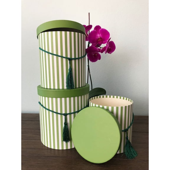 Set of 3, Large Round Flower/Gift Boxes with Lids, Color Stripes Design | W935
