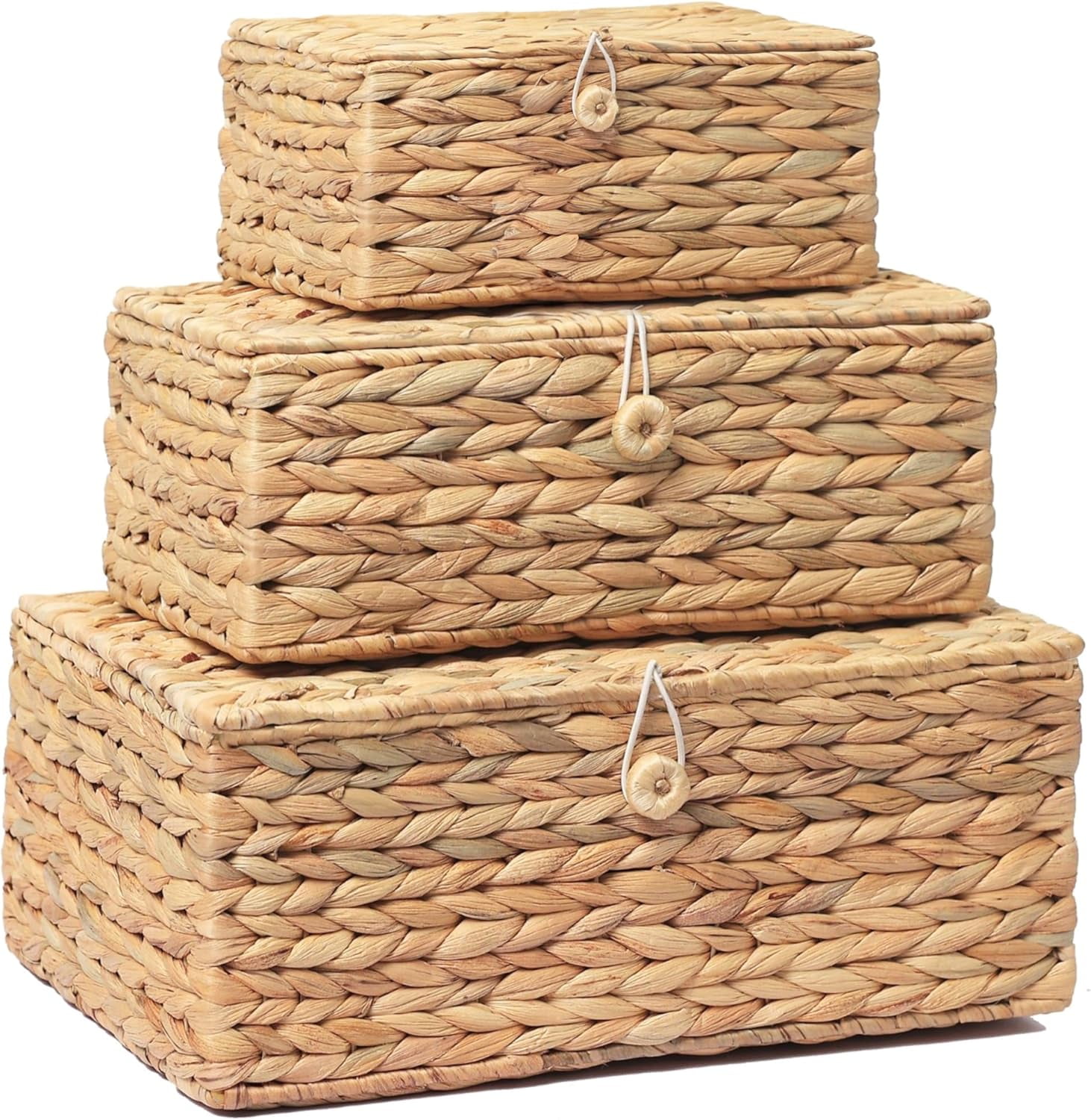 Set of 3 Large Woven Storage Baskets with Lids, Rectangular Rattan Decorative Boxes for Home Organization