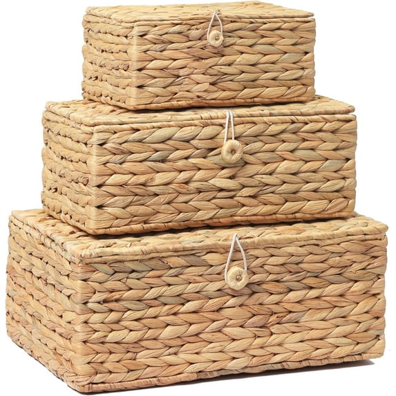 Set of 3 Wicker Storage Baskets with Lid Large Rectangular Rattan Basket Decorative Boxes Natural Water Hyacinth Wicker Basket for Shelf Organizer Nursery Room
