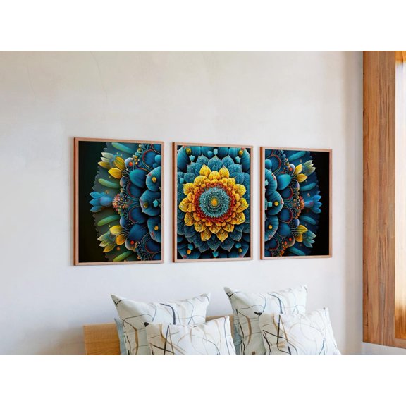 Set of 3 Layered Petal Wall Art, Detailed Lotus Mandala Triptych Prints, 3D Look Floral Decor, Intricate Pattern Gallery Set, Poster Only