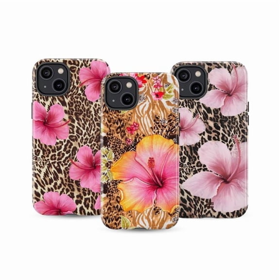 Set of 3 Leopard Print Hibiscus Phone Case, Combo Bold Tropical Floral Jungle Aesthetic Cover for iPhone 16 15 14 13 12 11 Pro Max Plus Mini
