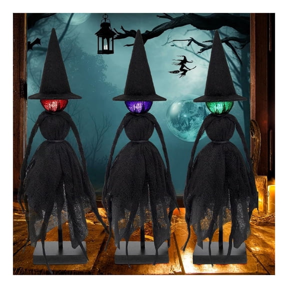 Set of 3 Light Up Witch Table Decorations with Red Green Purple LED Glow