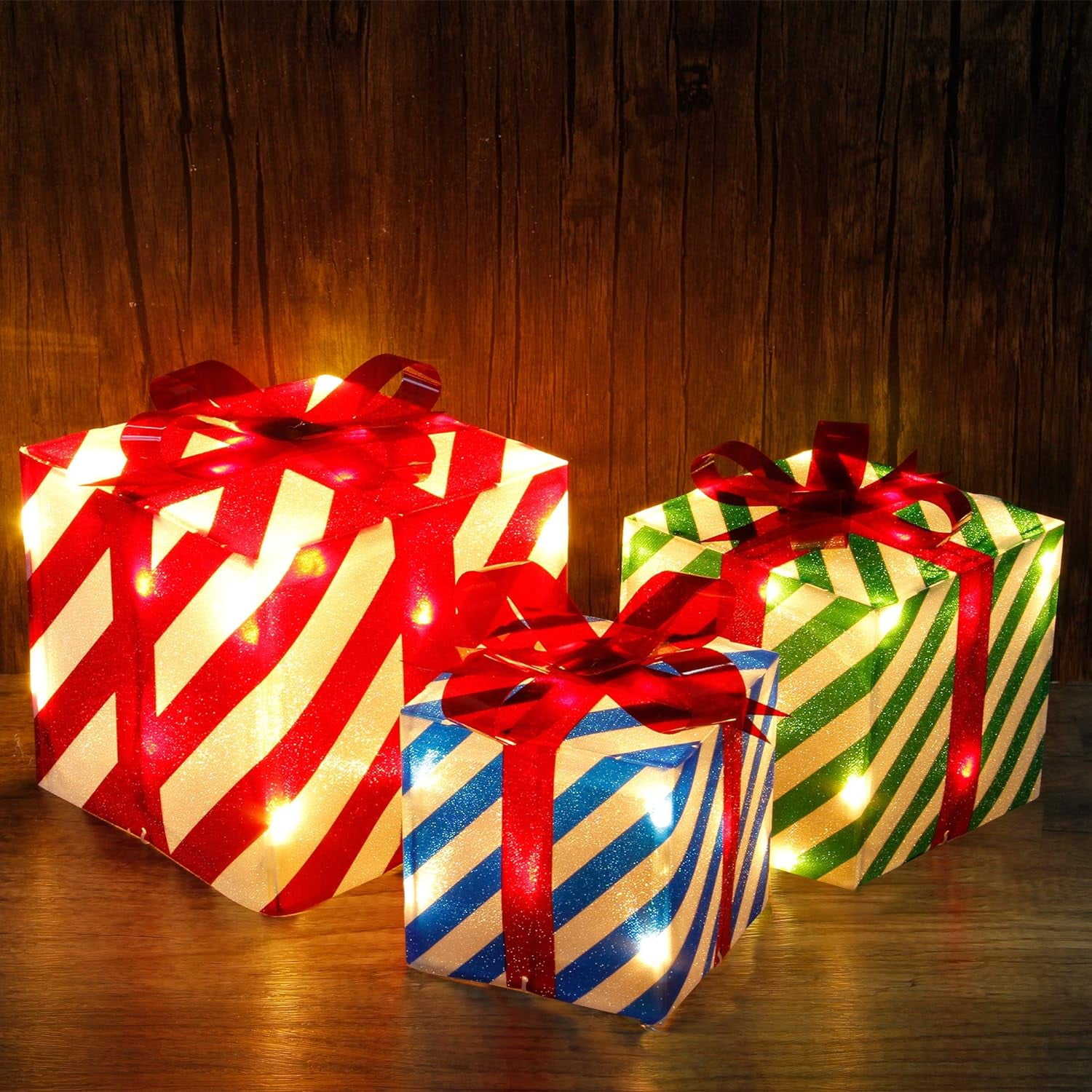 Set of 3 Light up Gift Boxes, Light up Red Bows Present Boxes Battery