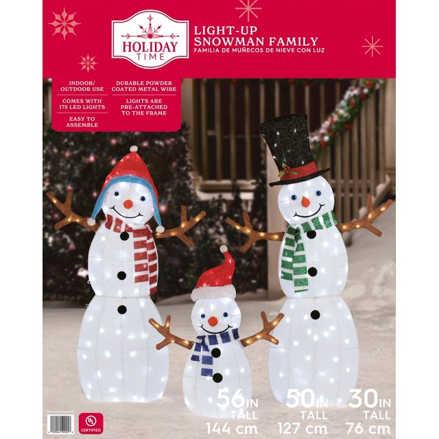 Set of 3, Lightup LED Snowman Family Decoration, by Holiday Time