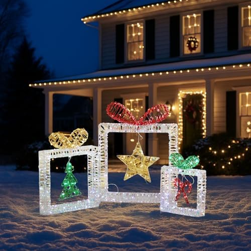 Set of 3 Lighted Box Decorations with 357 White LED Lights, Indoor Outdoor Festive Xmas Holiday Garden Yard Lawn Decor$$Garden &