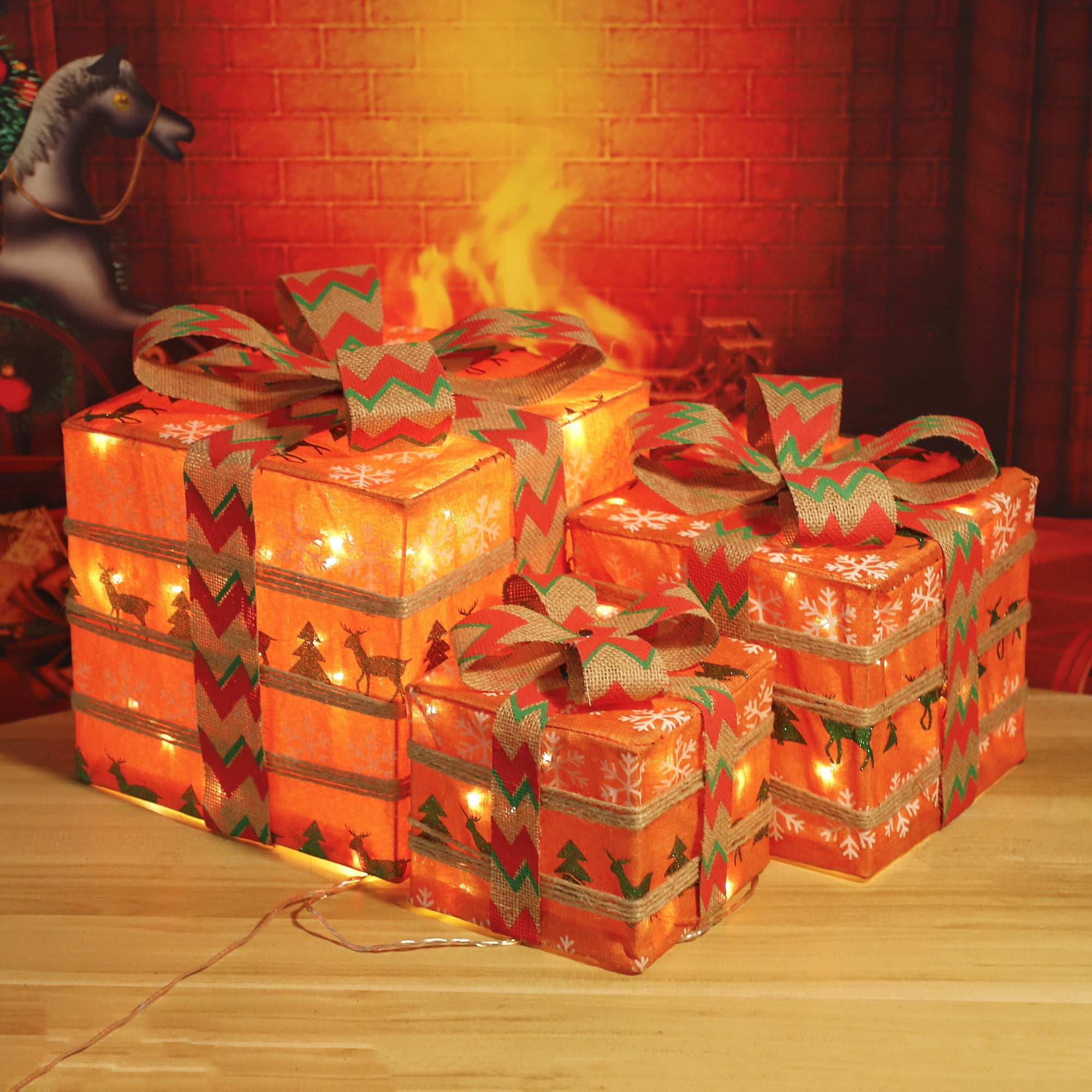 Set of 3 Lighted Gift Boxes Christmas Decorations, Snowflake Present