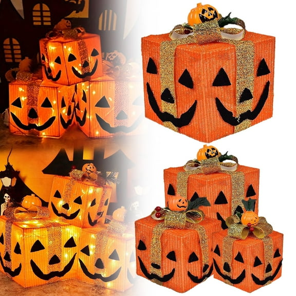 Set of 3 Lighted Halloween Pumpkin Decorations with 60 LED Lights, Indoor Outdoor Yard Garden Home Holiday Decor, Stackable for Storage