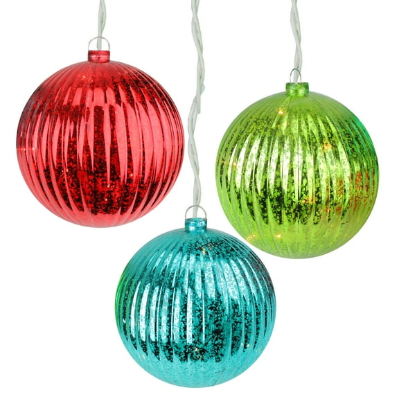 PENN Lighted Ribbed Mercury Glass Finish Ball Christmas Ornaments - Multi-Color - Clear Lights - Set
