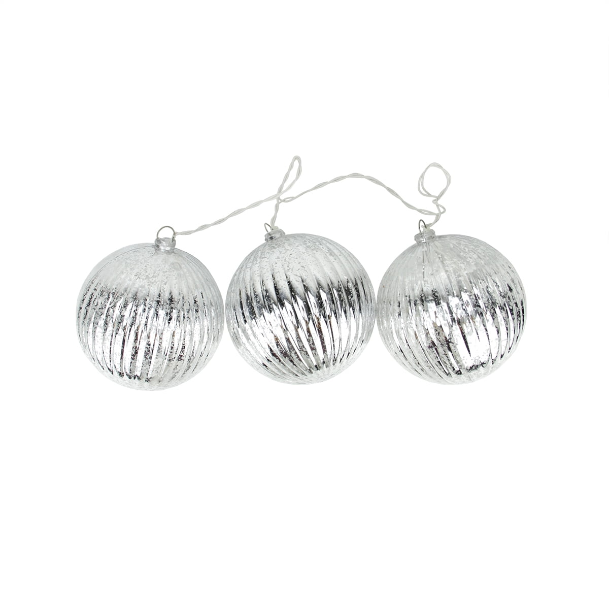 Set of 3 Lighted Silver Mercury Glass Finish Ribbed Ball Christmas Ornaments - Clear Lights