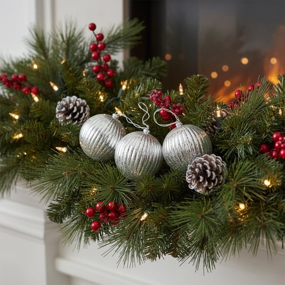 PENN Lighted Ribbed Mercury Glass Finish Ball Christmas Ornaments - Silver - Clear Lights - Set of 3