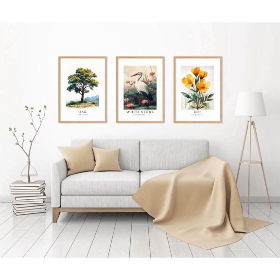 Set of 3 Lithuania National Symbols Poster Prints White Stork Rue Flower and Oak Tree Wall Art Decor, Stretched Canvas