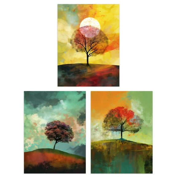 Set of 3 Lone Tree Paintings by Jan Harper Earthy Moody Landscape Aesthetic Unframed Wall Art Living Room Poster Prints Pack