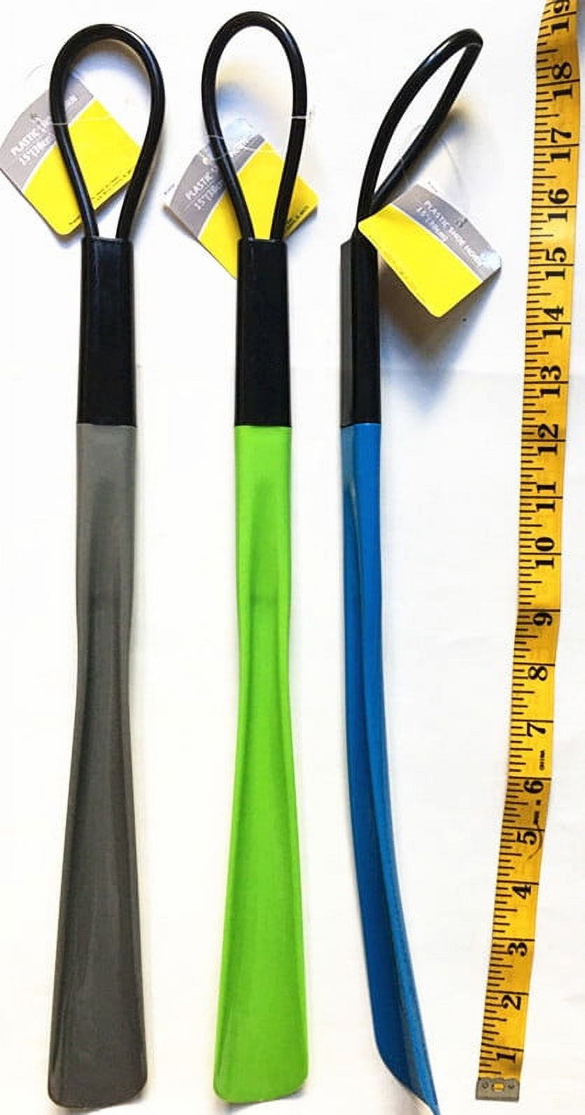 Set of 3 Long 15" (38cm) Plastic Shoe Horns Flexible Handle Green Blue