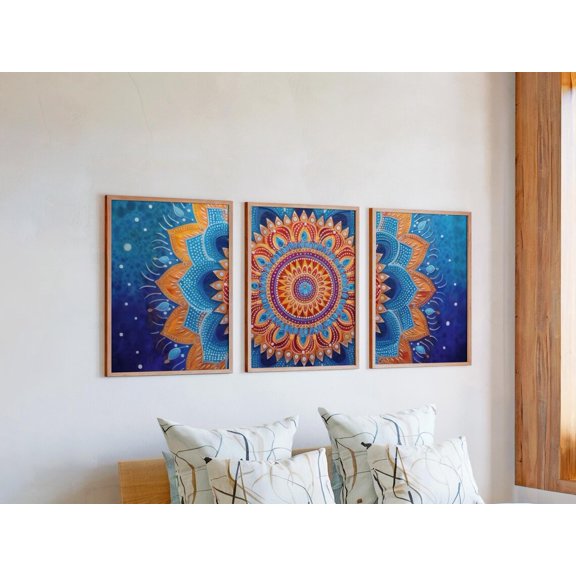 Set of 3 Luminous Boho Wall Art, Radiant Blue Mandala Triptych, Sacred Geometric Decor, Elegant Pattern Gallery Set, Poster Only