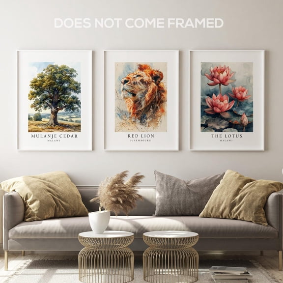 Set of 3 Malawi National Symbols Poster Gazelle Lotus and Mulanje Cedar Tree Wall Art Decor, Poster Only