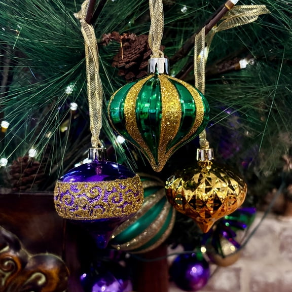 Set of 3 Mardi Gras Ball Ornaments, Ball and Teardrop Shapes, Glitter Details, Purple Green and Gold Unique Ball Decor, Holiday Tree Decor