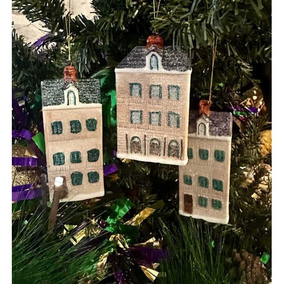 Set of 3 Mardi Gras French Quarter House Ornament, Ceramic New Orleans Shotgun Home with Glitter Design, Holiday Tree Decor, Parade Party Decor