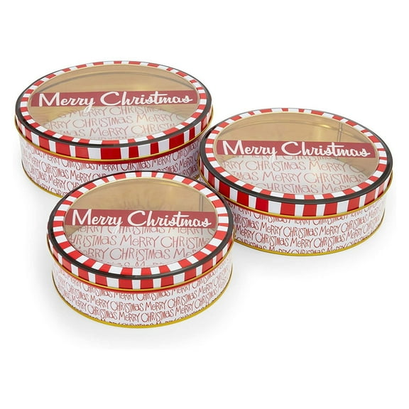 Set of 3 Merry Christmas Cookie Tins with Lids for Gift Giving, Round Nesting Holidays Containers, 3 Sizes