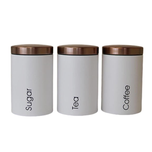 Set of 3 Metal Containers for Kitchen, Tea, Coffee, Food Storage, Galvanized Steel Container with Accents , White A-White 3Pcs