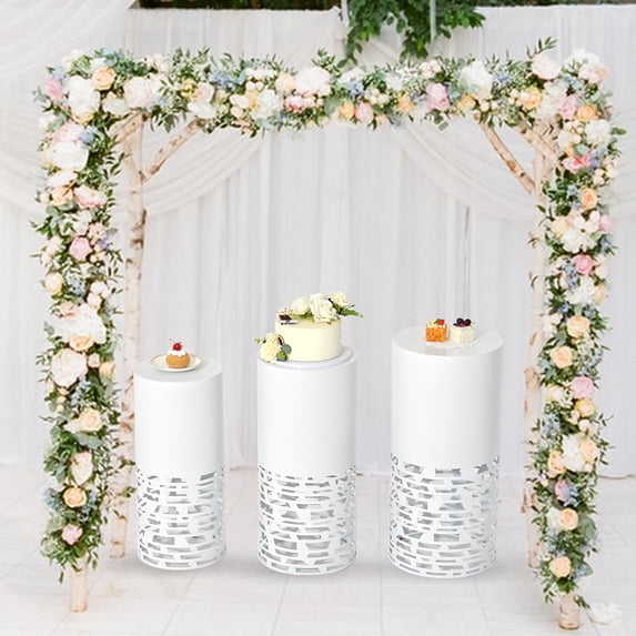 Set of 3 Metal Pedestal Stands, White Cylinder Stand, Cake Stand for Home Decoration, Birthday Party, Wedding Party or Event Decoration