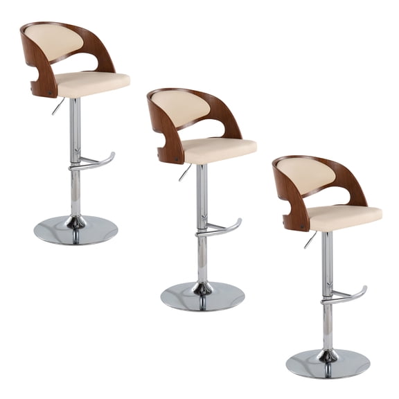 Set of 3 Mid-Century Modern Adjustable Barstools with Swivel, Chrome Metal Frame, Walnut Wood Back, and Cream Faux Leather Upholstery