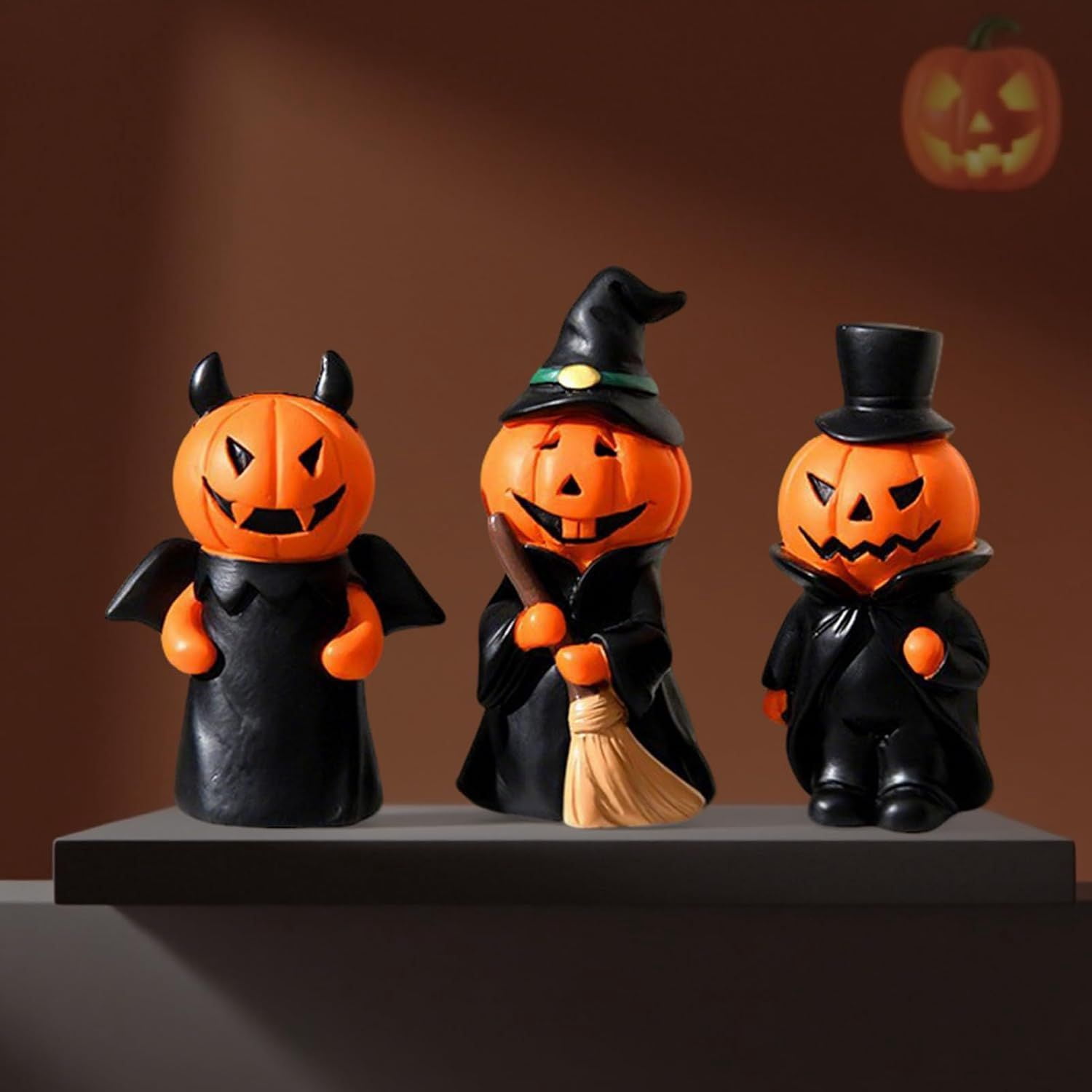 Set of 3 Mini Pumpkin People Figurines for Halloween Table Decor