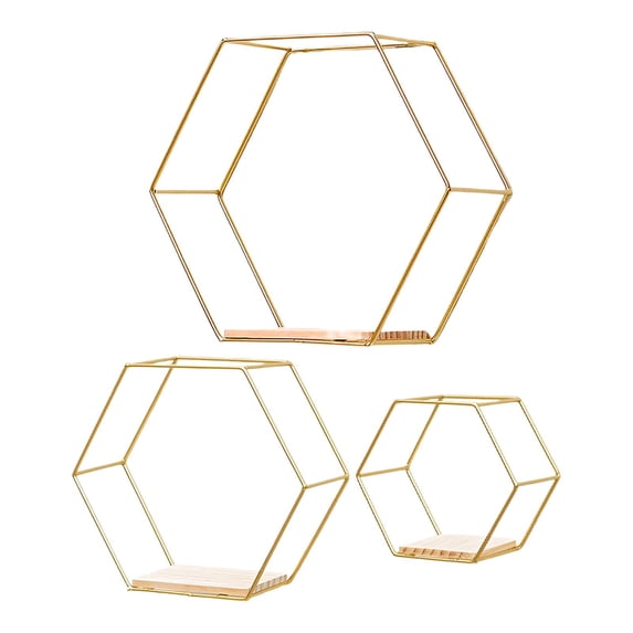 Set of 3 Modern Hexagon Honeycomb Floating Wall Shelf Display Hanging Storage Rack for Home/Office,Golden