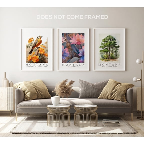 Set of 3 Montana State Symbols Poster Meadowlark Bitterroot and Ponderosa Pine Wall Art Decor, Stretched Canvas