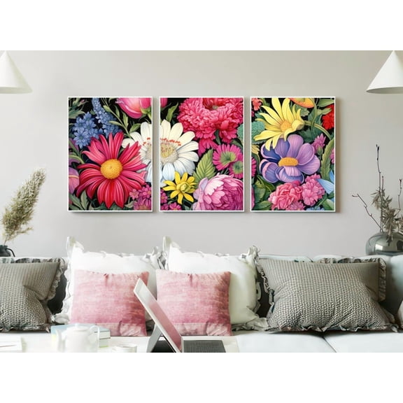 Set of 3 Moody Maximalist Wall Art, Vibrant Flower Bouquet Triptych, Dark Floral Decor, Eclectic Garden Gallery Set for Home, Stretched Canvas