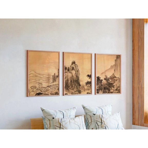 Set of 3 Mountain Village Wall Art, Japanese Landscape Triptych Prints, Dramatic Cliff Decor, Sepia Ink Scroll Style Gallery Set, Stretched Canvas