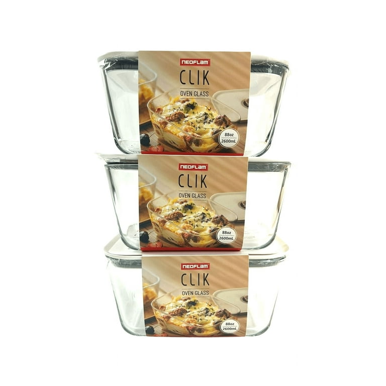 (Set of 3) Neoflam Fika Clik Glass Extra Large Food Storage Containers Set | Microwave, Dishwasher & Oven Safe (88 oz, 2.6l), Size: Small